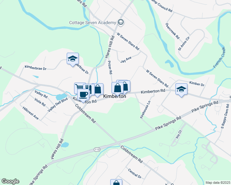 map of restaurants, bars, coffee shops, grocery stores, and more near 2205 Kimberton Road in Phoenixville