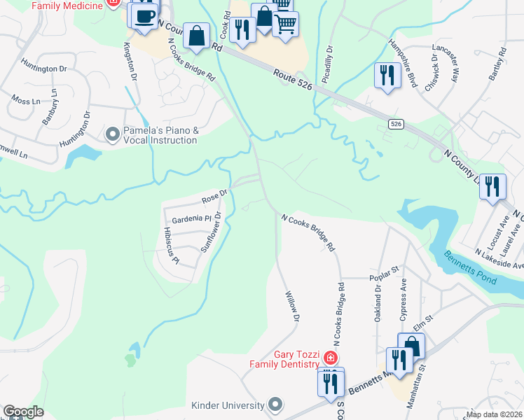 map of restaurants, bars, coffee shops, grocery stores, and more near 174 North Cooks Bridge Road in Jackson Township