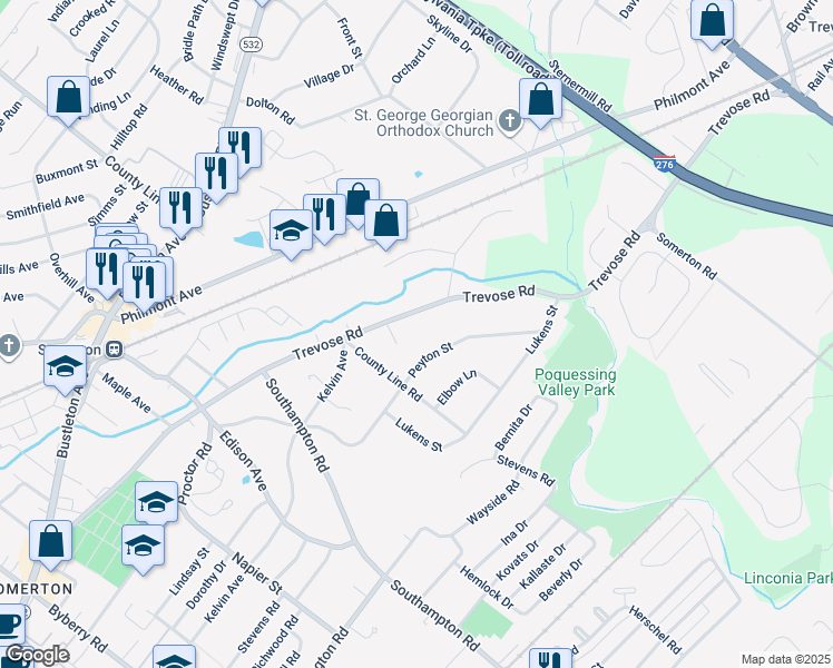 map of restaurants, bars, coffee shops, grocery stores, and more near 21 Trevose Road in Trevose