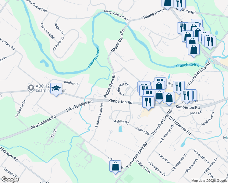 map of restaurants, bars, coffee shops, grocery stores, and more near 1602 General Howe Drive in Phoenixville