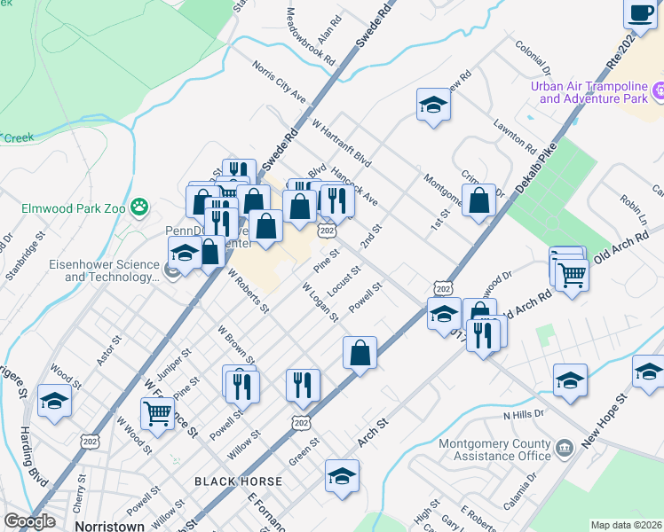 map of restaurants, bars, coffee shops, grocery stores, and more near 1818 Pine Street in Norristown