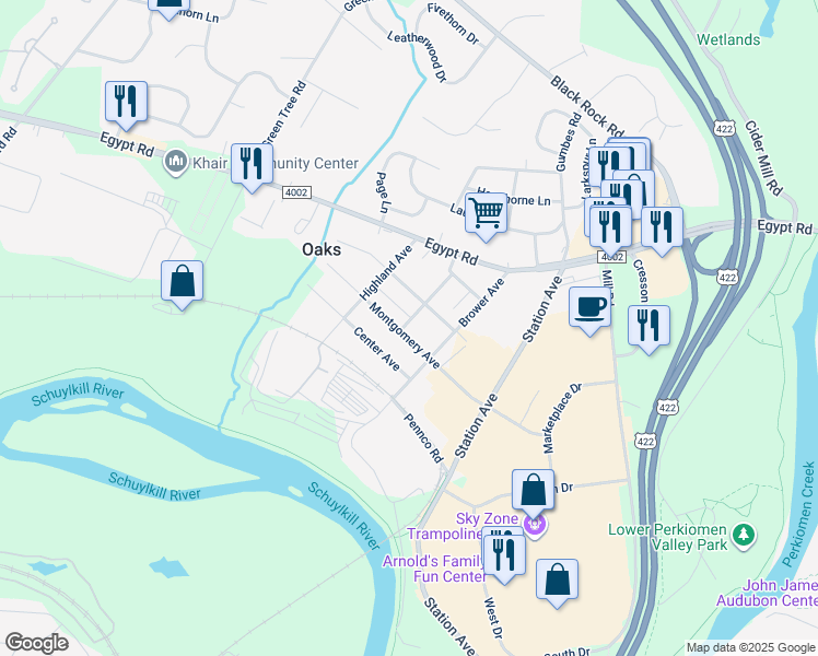 map of restaurants, bars, coffee shops, grocery stores, and more near 215 Montgomery Ave in Phoenixville