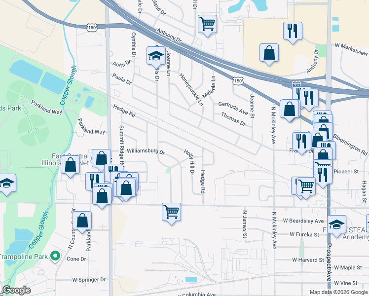 map of restaurants, bars, coffee shops, grocery stores, and more near 1508 Holly Hill Drive in Champaign