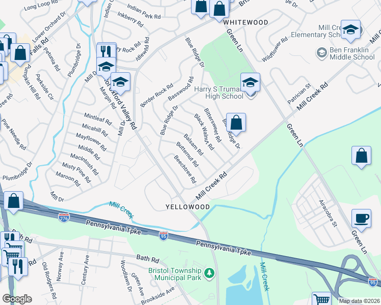 map of restaurants, bars, coffee shops, grocery stores, and more near 36 Butternut Road in Levittown