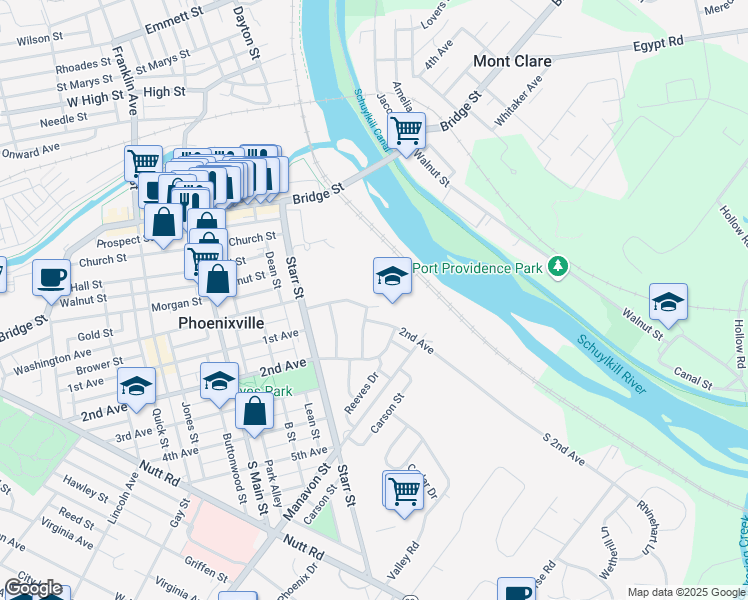 map of restaurants, bars, coffee shops, grocery stores, and more near 73 Washington Avenue in Phoenixville