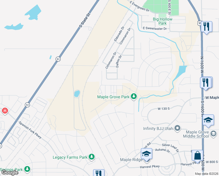 map of restaurants, bars, coffee shops, grocery stores, and more near 172 Santa Fe Drive South in Springville