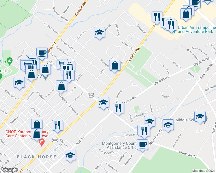 map of restaurants, bars, coffee shops, grocery stores, and more near 5 Hancock Avenue in East Norriton