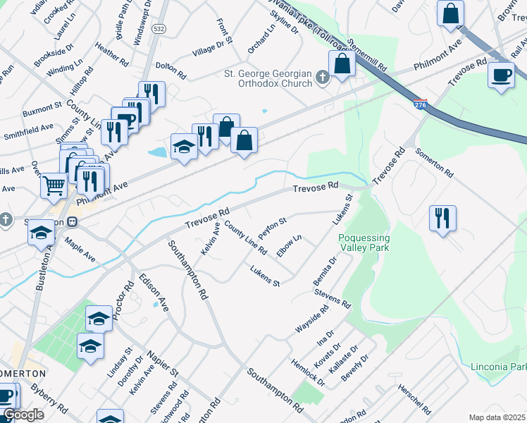 map of restaurants, bars, coffee shops, grocery stores, and more near 21 Trevose Road in Trevose