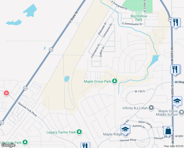 map of restaurants, bars, coffee shops, grocery stores, and more near 172 Santa Fe Drive South in Springville