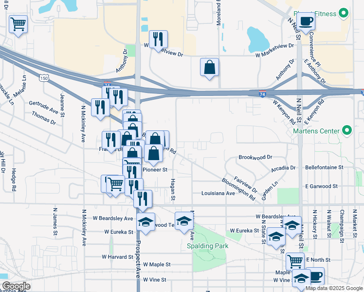 map of restaurants, bars, coffee shops, grocery stores, and more near 713 Edgebrook Drive in Champaign