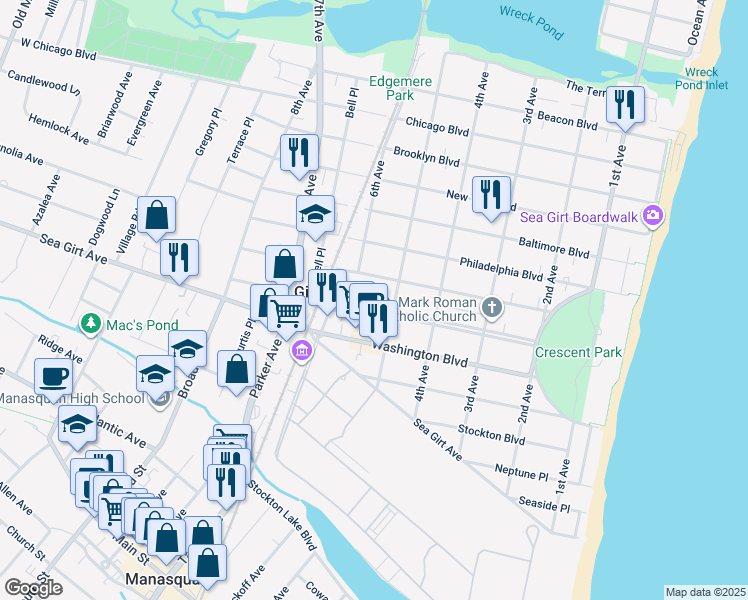 map of restaurants, bars, coffee shops, grocery stores, and more near 509 Crescent Parkway in Sea Girt