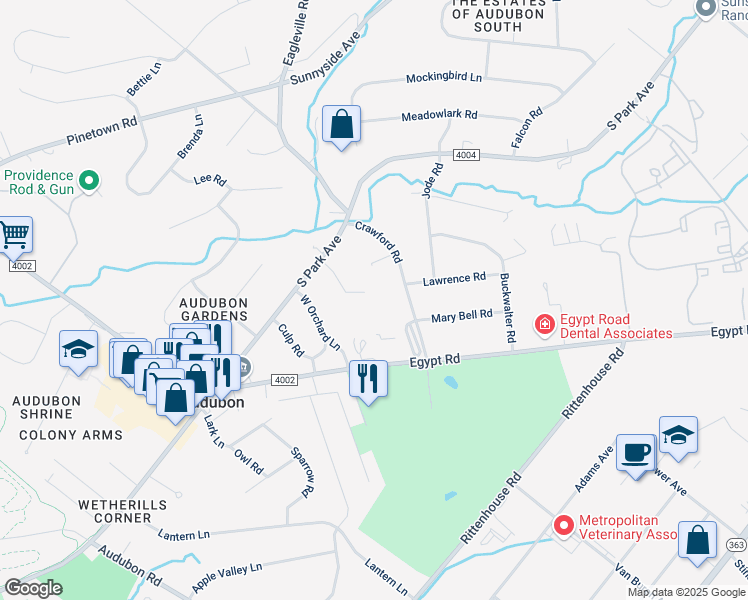 map of restaurants, bars, coffee shops, grocery stores, and more near 16 Borton Road in Norristown