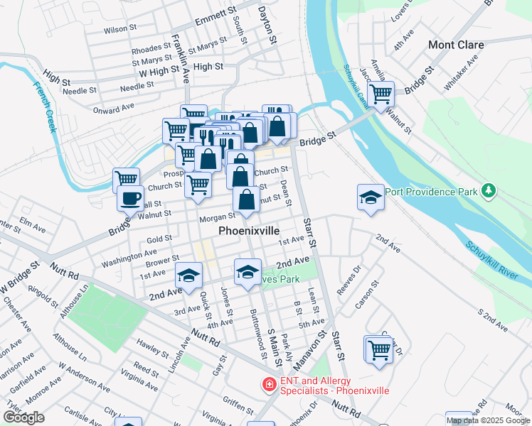 map of restaurants, bars, coffee shops, grocery stores, and more near in Phoenixville