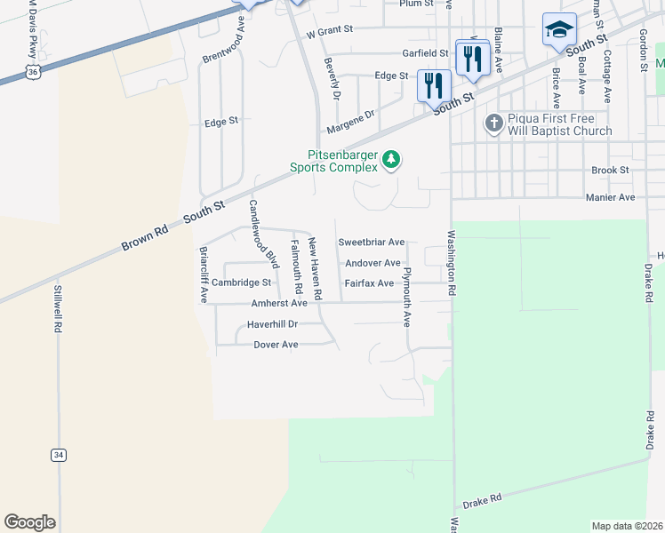 map of restaurants, bars, coffee shops, grocery stores, and more near 918 Marlboro Avenue in Piqua