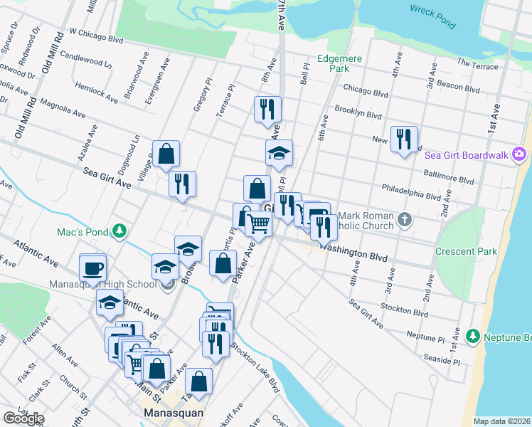 map of restaurants, bars, coffee shops, grocery stores, and more near 800 New Jersey 71 in Sea Girt
