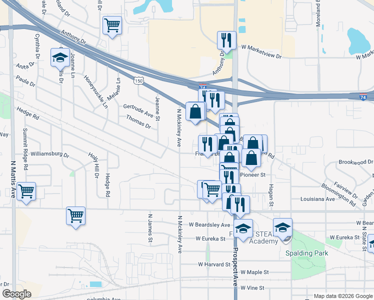 map of restaurants, bars, coffee shops, grocery stores, and more near 1502 North Ridgeway Avenue in Champaign