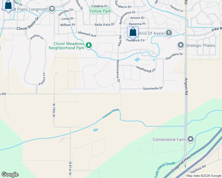 map of restaurants, bars, coffee shops, grocery stores, and more near 2413 Summerlin Court in Longmont