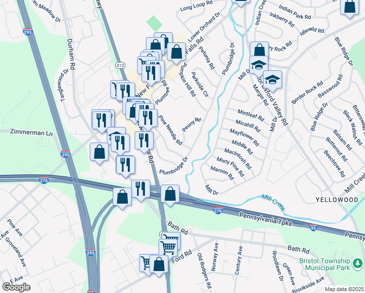 map of restaurants, bars, coffee shops, grocery stores, and more near 2 Peony Road in Levittown