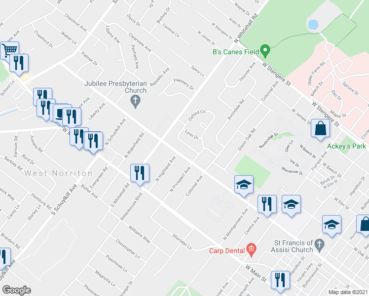 map of restaurants, bars, coffee shops, grocery stores, and more near 22 Oxford Circle in Eagleville