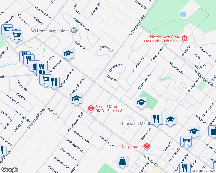 map of restaurants, bars, coffee shops, grocery stores, and more near 22 Oxford Circle in Eagleville
