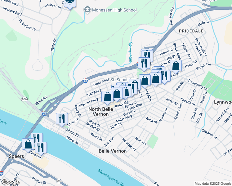 map of restaurants, bars, coffee shops, grocery stores, and more near 521R Henry Street in Belle Vernon