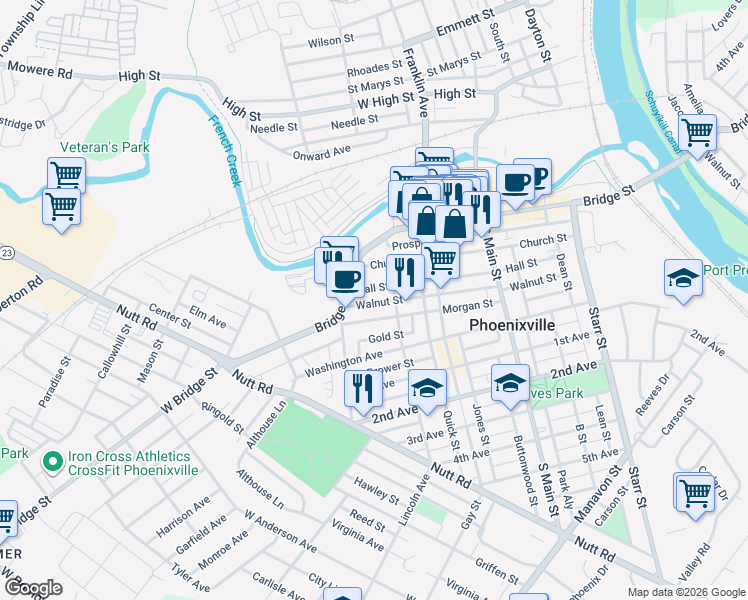 map of restaurants, bars, coffee shops, grocery stores, and more near 355 Walnut Street in Phoenixville