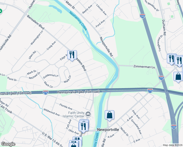 map of restaurants, bars, coffee shops, grocery stores, and more near 6322 Clearview Avenue in Bensalem