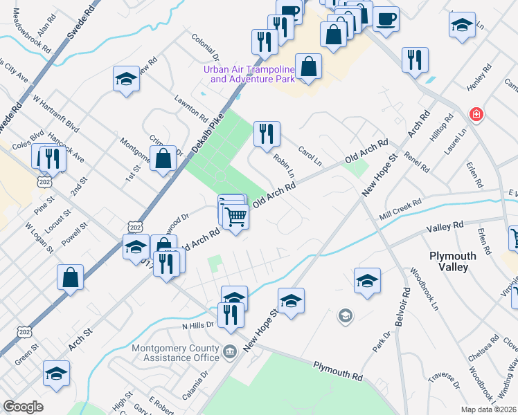 map of restaurants, bars, coffee shops, grocery stores, and more near 2114 Old Arch Road in Norristown