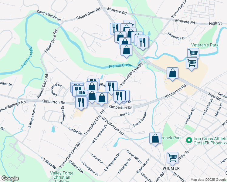 map of restaurants, bars, coffee shops, grocery stores, and more near 1063 Township Line Road in Phoenixville