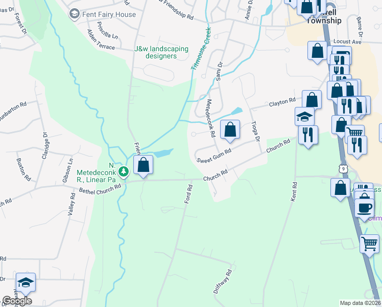 map of restaurants, bars, coffee shops, grocery stores, and more near 39 Sweet Gum Road in Howell Township