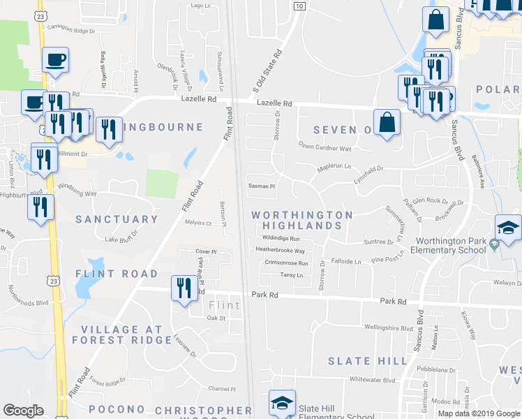 map of restaurants, bars, coffee shops, grocery stores, and more near 8194 Rosaberry Run in Westerville