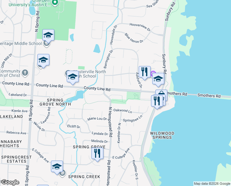 map of restaurants, bars, coffee shops, grocery stores, and more near 1136 Hoover Lake Court in Westerville
