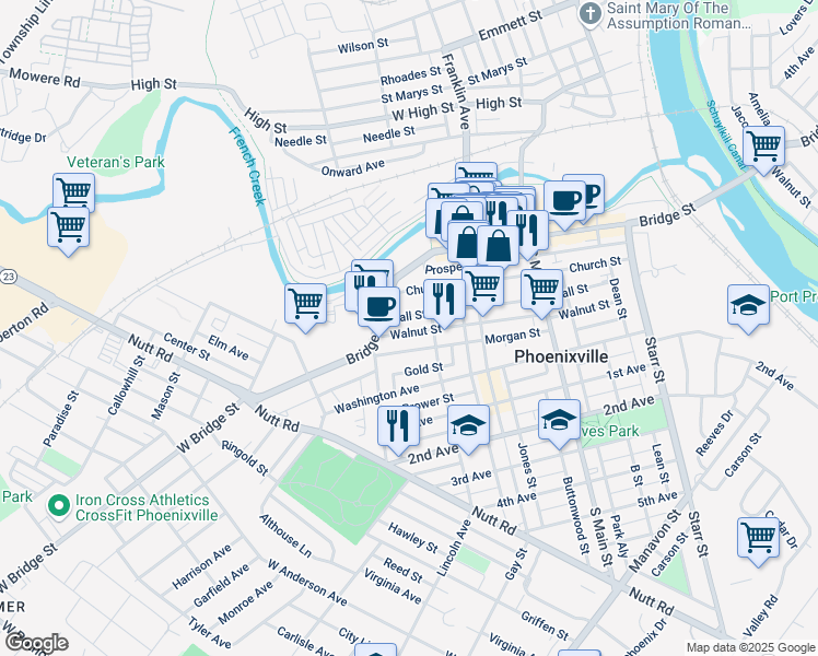 map of restaurants, bars, coffee shops, grocery stores, and more near 359 Walnut Street in Phoenixville