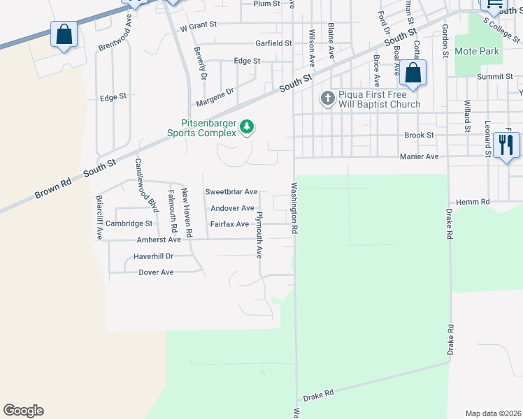 map of restaurants, bars, coffee shops, grocery stores, and more near 1416 Fairfax Avenue in Piqua
