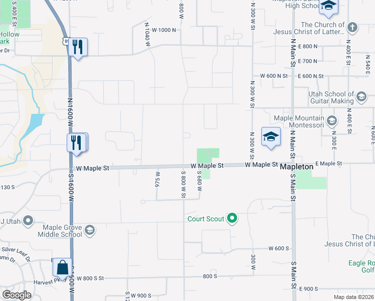 map of restaurants, bars, coffee shops, grocery stores, and more near 92 North 800 West Street in Mapleton