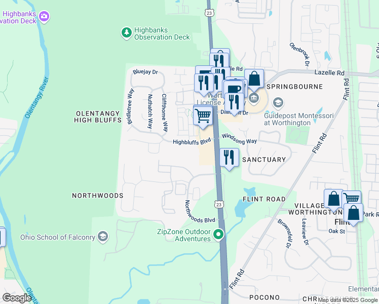 map of restaurants, bars, coffee shops, grocery stores, and more near 8145 North High Street in Columbus