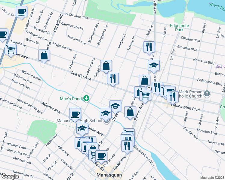 map of restaurants, bars, coffee shops, grocery stores, and more near Sea Girt Avenue in Sea Girt