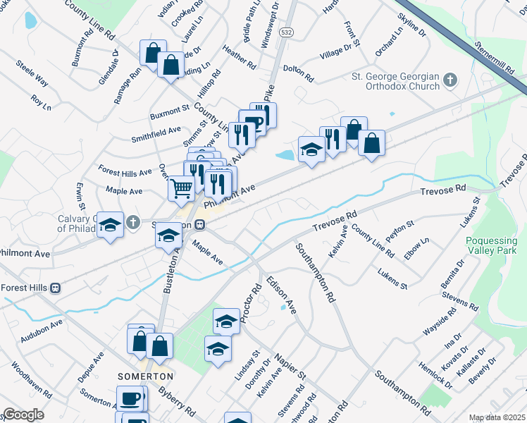 map of restaurants, bars, coffee shops, grocery stores, and more near 57 Brookshire Drive in Philadelphia