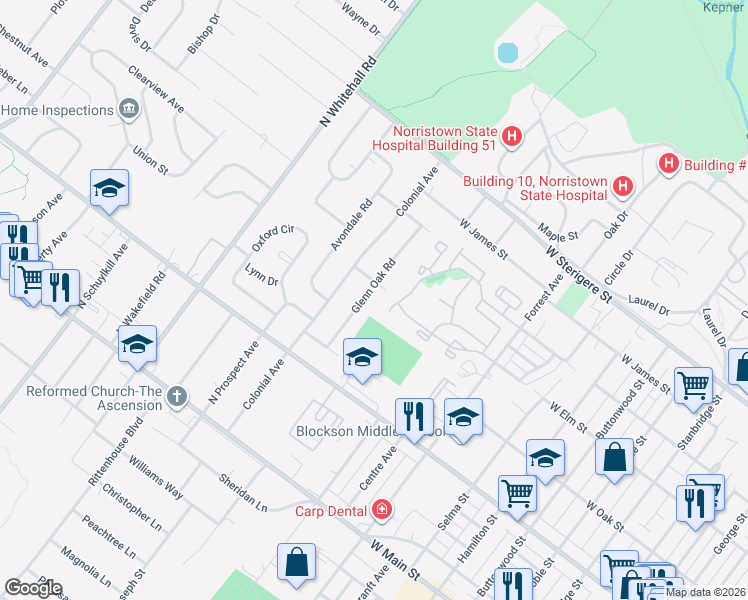 map of restaurants, bars, coffee shops, grocery stores, and more near 404 Wendover Drive in Eagleville