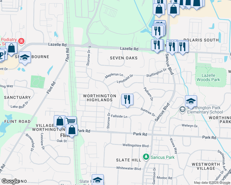 map of restaurants, bars, coffee shops, grocery stores, and more near 8138 Storrow Drive in Westerville