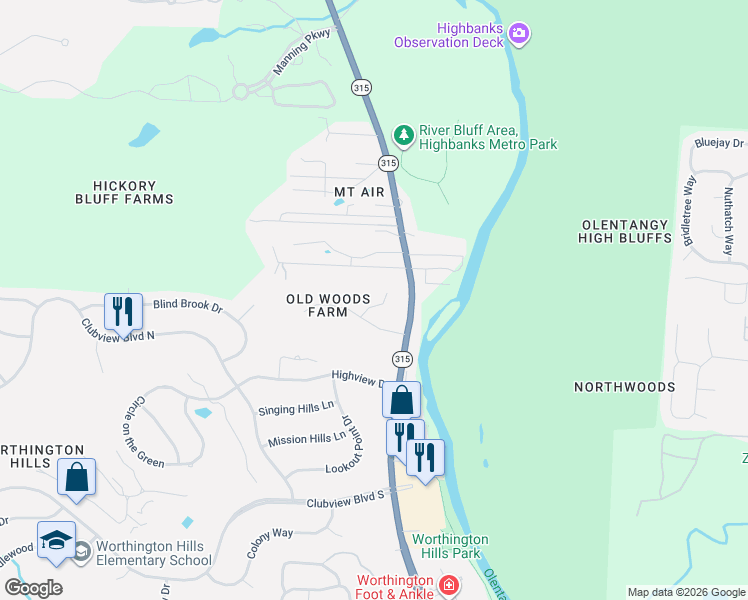 map of restaurants, bars, coffee shops, grocery stores, and more near 780 Old Woods Road in Columbus