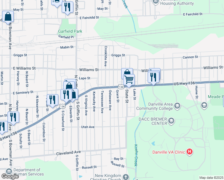 map of restaurants, bars, coffee shops, grocery stores, and more near 29 Delaware Avenue in Danville