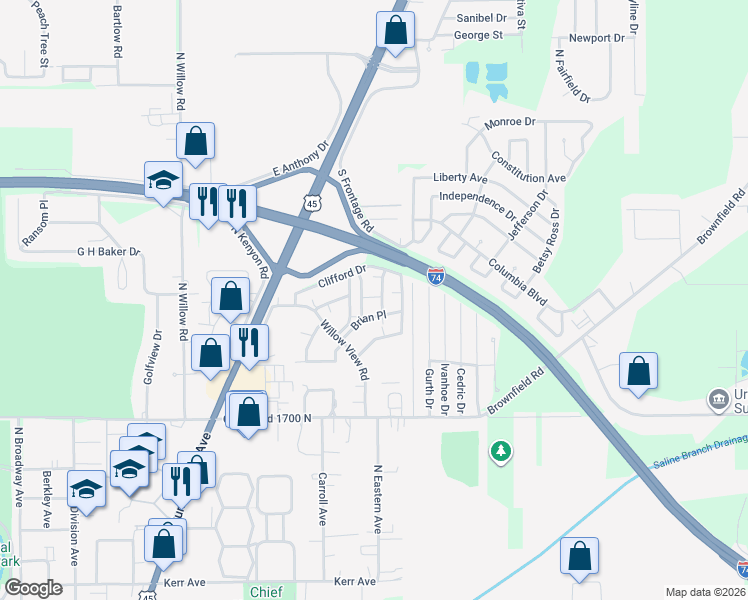 map of restaurants, bars, coffee shops, grocery stores, and more near 1803 Oliver Drive in Urbana