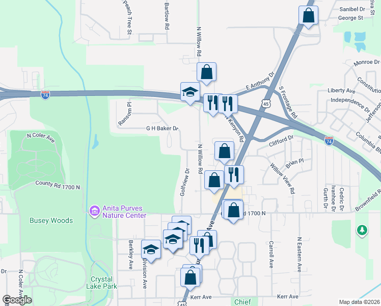 map of restaurants, bars, coffee shops, grocery stores, and more near 1906 Golfview Drive in Urbana