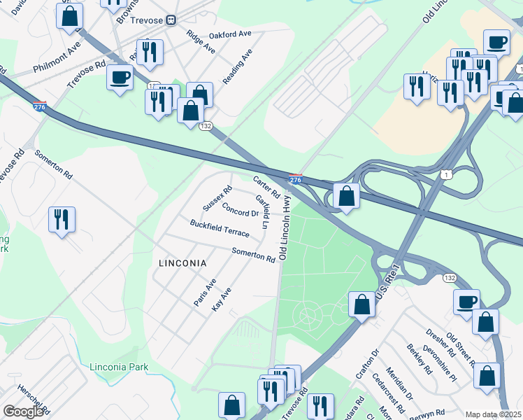 map of restaurants, bars, coffee shops, grocery stores, and more near 4321 Concord Drive in Trevose