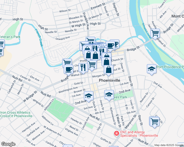 map of restaurants, bars, coffee shops, grocery stores, and more near in Phoenixville