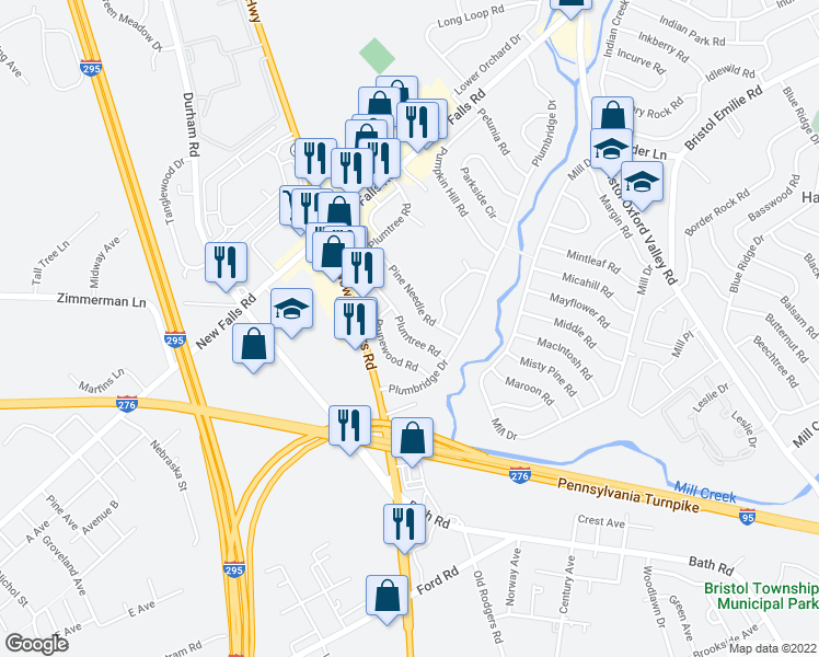 map of restaurants, bars, coffee shops, grocery stores, and more near 24 Plumtree Road in Levittown