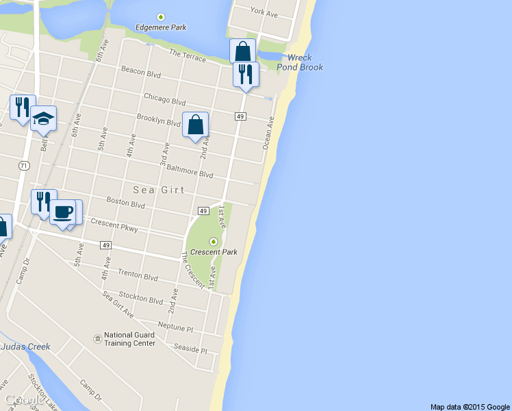 map of restaurants, bars, coffee shops, grocery stores, and more near Sea Girt Boardwalk in Sea Girt