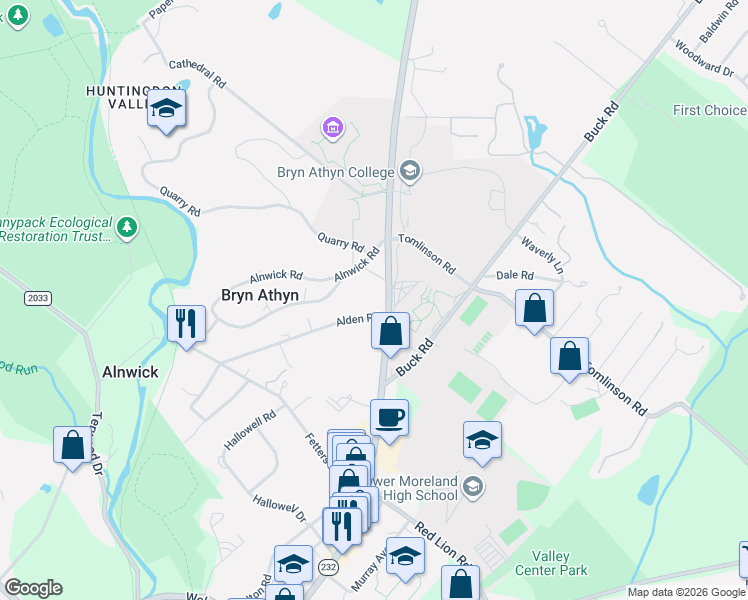 map of restaurants, bars, coffee shops, grocery stores, and more near 2752 Alden Road in Bryn Athyn