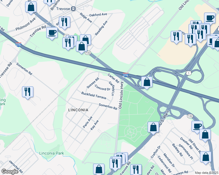 map of restaurants, bars, coffee shops, grocery stores, and more near 4321 Concord Drive in Trevose